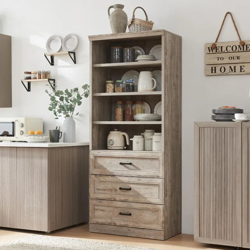 3-Drawer Farmhouse Kitchen Pantry, Adjustable Shelves, Light Rustic Oak Finish