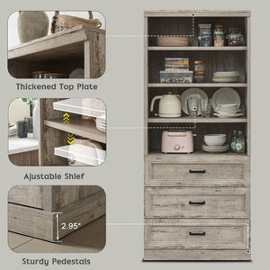 3-Drawer Farmhouse Kitchen Pantry, Adjustable Shelves, Light Rustic Oak Finish