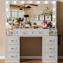 Load image into Gallery viewer, Vanity Dresser Table with Lighted Mirror &amp; Outlet - 3 Brightness Levels, Makeup Vanity Desk