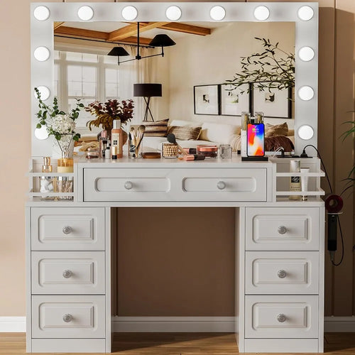 Vanity Dresser Table with Lighted Mirror & Outlet - 3 Brightness Levels, Makeup Vanity Desk