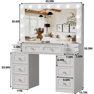 Vanity Dresser Table with Lighted Mirror & Outlet - 3 Brightness Levels, Makeup Vanity Desk