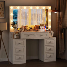 Load image into Gallery viewer, Vanity Dresser Table with Lighted Mirror &amp; Outlet - 3 Brightness Levels, Makeup Vanity Desk