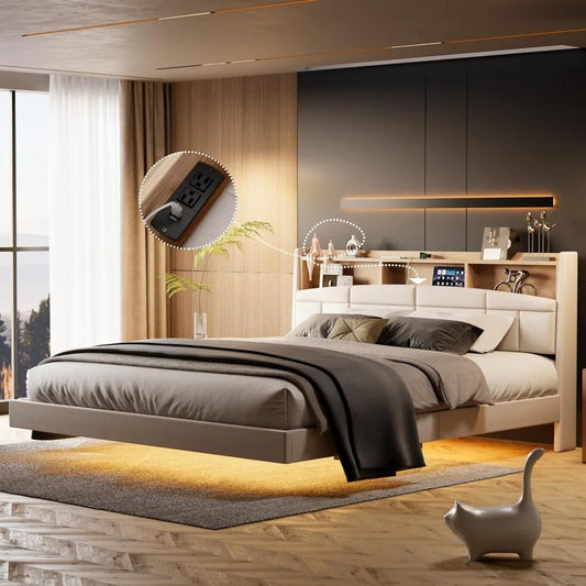 "King Floating Upholstered Bed Frame with Charging Station & High Shelf Headboard