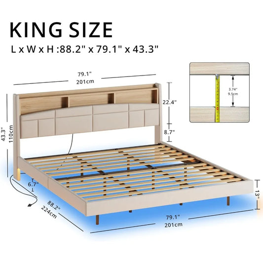 "King Floating Upholstered Bed Frame with Charging Station & High Shelf Headboard