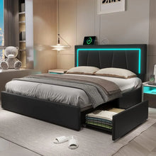 Load image into Gallery viewer, Full Bed Frame - 4 Storage Drawers, LED Light Platform Bed, Charging Station