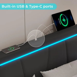 Full Bed Frame - 4 Storage Drawers, LED Light Platform Bed, Charging Station