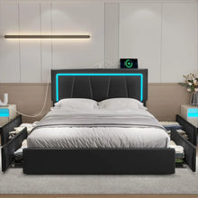 Load image into Gallery viewer, Full Bed Frame - 4 Storage Drawers, LED Light Platform Bed, Charging Station