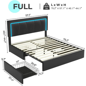 Full Bed Frame - 4 Storage Drawers, LED Light Platform Bed, Charging Station