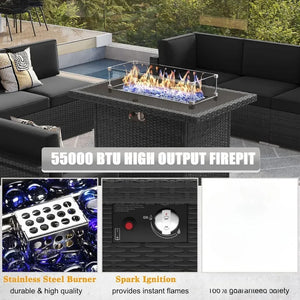 Wicker Rattan Outdoor Furniture Set - Sectional Sofa, 44" Propane Fire Pit