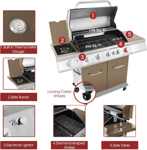 5-Burner BBQ Cabinet Style Propane Gas Grill - Rotisserie, Sear & Side Burner Kit