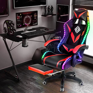 Ergonomic Gaming Chair with Massage, LED RGB Lights, Armrest Support - Red and Black