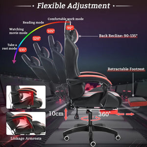 Ergonomic Gaming Chair with Massage, LED RGB Lights, Armrest Support - Red and Black