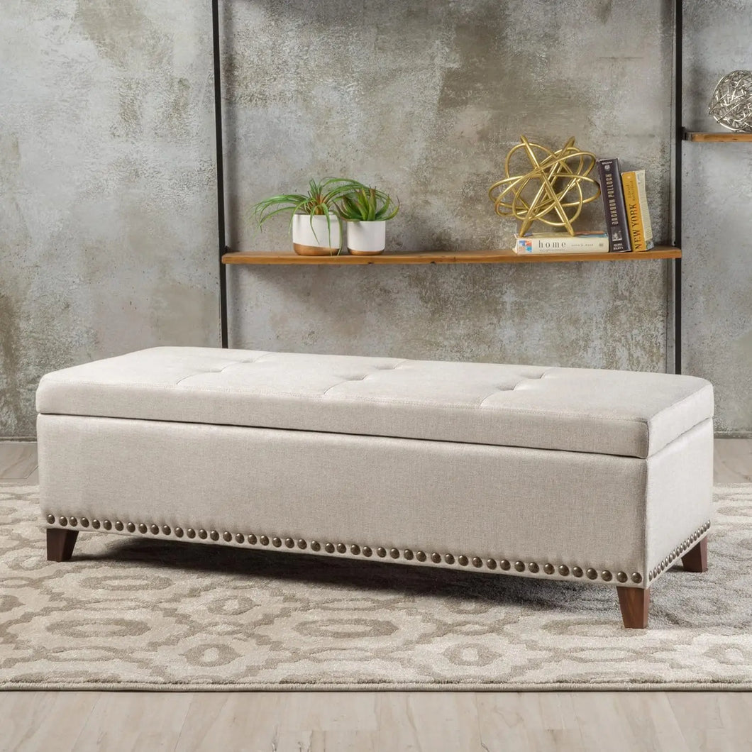 Upholstered Storage Ottoman in Beige - Stylish Functional Piece for Home