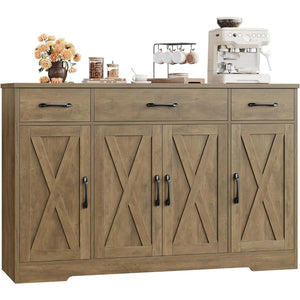 Large 55" Buffet Storage Cabinet, 4 Doors & Shelves, Modern Farmhouse Sideboard