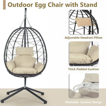 Load image into Gallery viewer, Black Wicker Rattan Hanging Egg Chair w/Stand - Indoor Outdoor Patio Swing