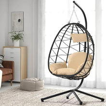 Load image into Gallery viewer, Black Wicker Rattan Hanging Egg Chair w/Stand - Indoor Outdoor Patio Swing