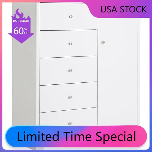 5 Drawers & Adjustable Shelves for Home Kitchen, White South Shore Vito Door Chest