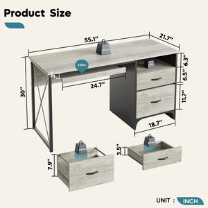 Home Office Desk - Industrial Style with Storage, Keyboard Tray, File Drawer