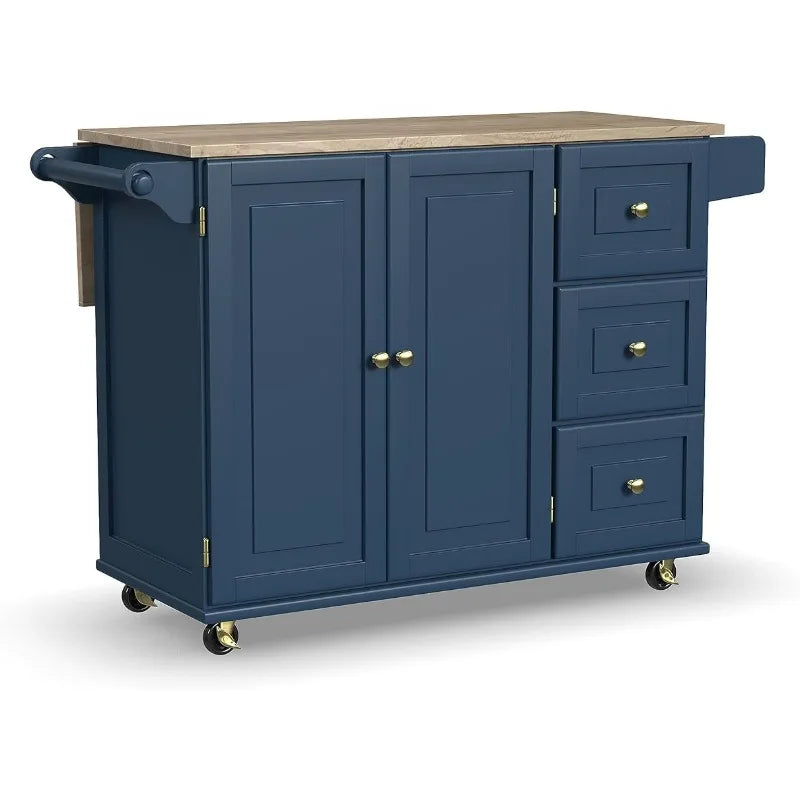 Mobile Kitchen Island w/ Wood Top & Drop-Leaf Breakfast Bar, Blue