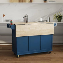 Load image into Gallery viewer, Mobile Kitchen Island w/ Wood Top &amp; Drop-Leaf Breakfast Bar, Blue