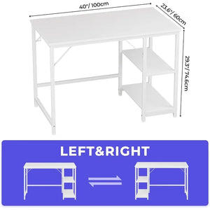 Small Office White Desk, 40x24: Home Office Computer Desk, Wooden Shelf, Gaming Table