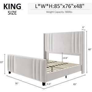 King Size Bed Frame - Velvet Platform w/ Vertical Tufted Headboard, Wingback