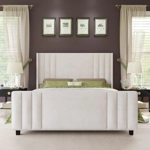 King Size Bed Frame - Velvet Platform w/ Vertical Tufted Headboard, Wingback