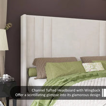 Load image into Gallery viewer, King Size Bed Frame - Velvet Platform w/ Vertical Tufted Headboard, Wingback