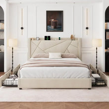 Load image into Gallery viewer, King Size Bed Frame - 4 Drawers, Charging Headboard, Solid Wood Slat Support