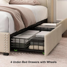 Load image into Gallery viewer, King Size Bed Frame - 4 Drawers, Charging Headboard, Solid Wood Slat Support