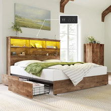 Load image into Gallery viewer, Solid Wood King Bed Frame w/ LED Headboard | 4 Drawers, Quiet Platform Base