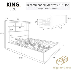 Solid Wood King Bed Frame w/ LED Headboard | 4 Drawers, Quiet Platform Base