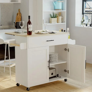 Kitchen Cart - Rolling Island Table on Wheels with Drop Leaf, Storage Cabinet, Drawer
