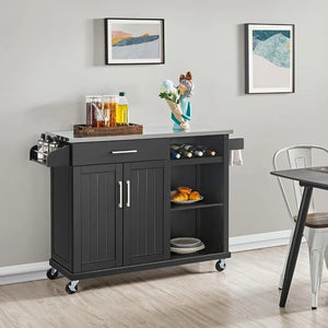 Kitchen Cart with Stainless Steel Top, Storage Cabinet, Drawer & Open Shelves