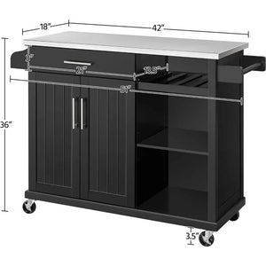 Kitchen Cart with Stainless Steel Top, Storage Cabinet, Drawer & Open Shelves