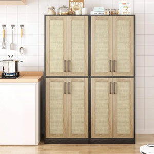 Tall Pantry Cabinet, 4 Rattan Doors, Adjustable Shelves, Freestanding Cupboard