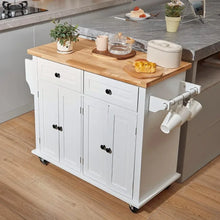 Load image into Gallery viewer, White Kitchen Island Cart | Solid Wood Countertop, Rolling Table with Storage