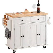 Load image into Gallery viewer, White Kitchen Island Cart | Solid Wood Countertop, Rolling Table with Storage