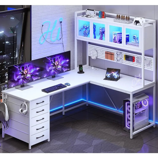 Large Gaming Table - L-Shape Corner Desk, Storage Shelves, Pegboard, LED Lights, Sockets