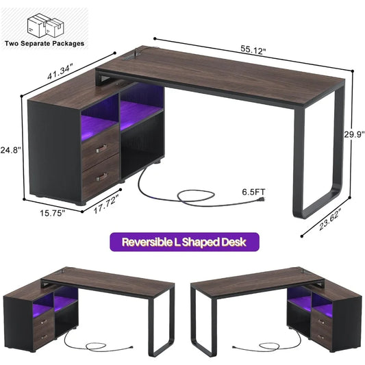 "L-Shaped Computer Desk w/ Filing Cabinet, Storage Shelf, LED Lights, Power Outlet