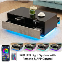 Load image into Gallery viewer, Living Room Coffee Table - 4 Drawer LED Table, Open Shelves, Grey &amp; Black Finish