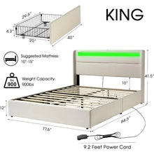 Load image into Gallery viewer, &quot;LED King Size Bed Frame with Storage Drawers, USB Ports &amp; LED Headboard