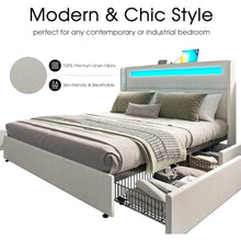 Load image into Gallery viewer, &quot;LED King Size Bed Frame with Storage Drawers, USB Ports &amp; LED Headboard