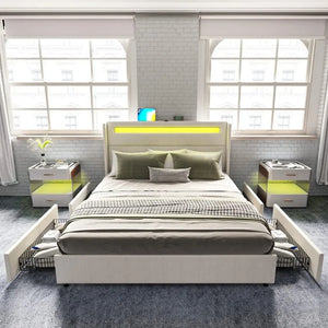 "LED King Size Bed Frame with Storage Drawers, USB Ports & LED Headboard