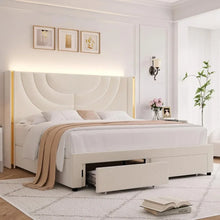 Load image into Gallery viewer, &quot;LED Queen Bed Frame w/ 2 Storage Drawers, Solid Wood Slats, No Box Spring Needed