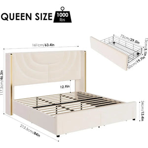 "LED Queen Bed Frame w/ 2 Storage Drawers, Solid Wood Slats, No Box Spring Needed