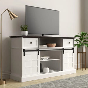 White Farmhouse 65" TV Stand, Entertainment Center with Sliding Barn Door