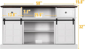 White Farmhouse 65" TV Stand, Entertainment Center with Sliding Barn Door