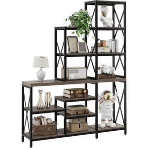 "Modern Ladder Bookcase with Metal Frame - 14 Multi-Tier Storage Shelves