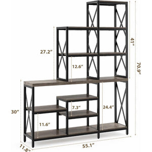 "Modern Ladder Bookcase with Metal Frame - 14 Multi-Tier Storage Shelves